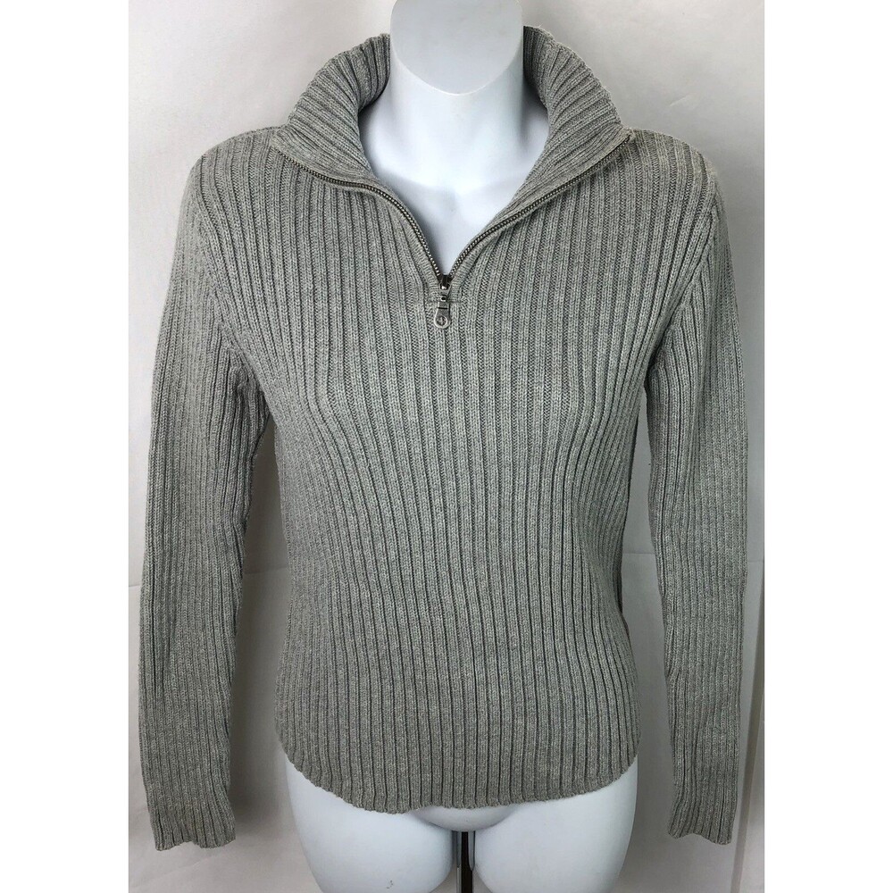 St Johns Bay Sweater S Gray Mock 1/2 Zipper Neck Ribbed Knit Cottage Capsule
